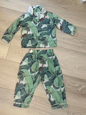Tropical Leaf Print Kids Cotton Pajamas - Green Martinique Print